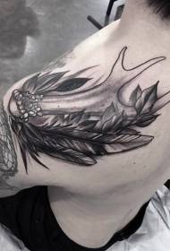 Shoulder black antlers and feather plant tattoo pattern