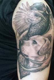 Arm realistic style hunter dog with bird and antler tattoo pattern