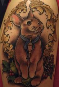 Colorful cute cartoon rabbit with ribbon and berry tattoo pattern