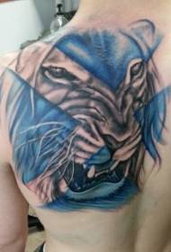 Back colored lion head and blue geometric tattoo pattern