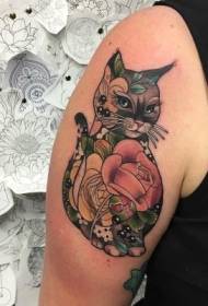 Big arm modern traditional style colored cats and flowers tattoo pattern