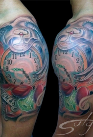 Modello del tatuaggio dell'orologio delle ali e dei fiori di colore di stile dell'illustrazione del grande braccio bello