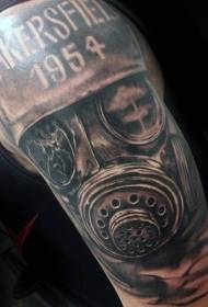 Big arm black gray style damaged gas mask and letter tattoo pattern