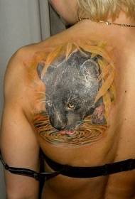 Realistic black leopard drinking back tattoo pattern