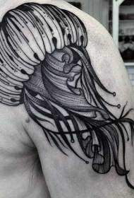 Černá linie medúzy tetování vzor s jednoduchým designem ramene