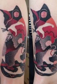 Lielas rokas radošā kaķa siluets ar vilnas bumbiņas tetovējuma rakstu