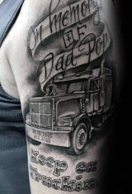 Arm realistic style black big truck and letter tattoo pattern