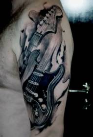 大臂歐美黑色灰色吉他紋身圖案