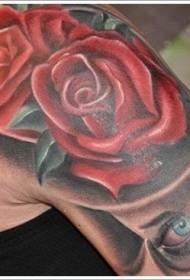 Big arm simple color rose with mysterious face tattoo pattern