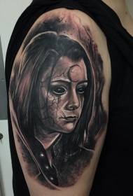 Horror style young girl portrait and mysterious symbol tattoo pattern