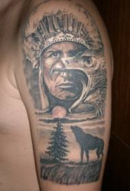 Indiāņu lielās rokas portrets ar ērgļa un vilka tetovējuma modeli