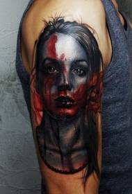 Big arm horror style color bleeding female portrait tattoo pattern