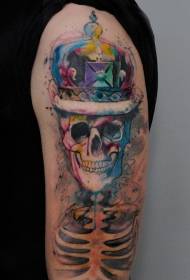 Funny smile skull skeleton with crown watercolor tattoo pattern