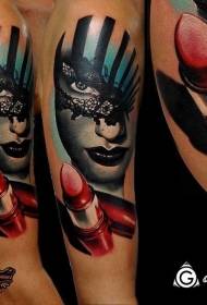 Arm new school colored female face with mask and lipstick tattoo pattern