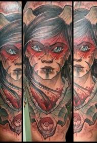 Модерна традиционална рамо ѓаволска жена со лисја тетоважа шема