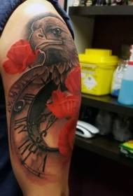 Big arm color eagle with old clock and red poppy tattoo pattern