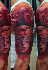 Man big arm red ink style woman face rose tattoo pattern