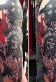 Cross on horror skull color tattoo pattern