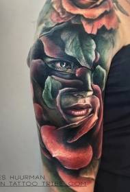 Female new school color woman face rose tattoo pattern