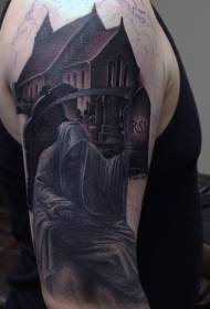 Mysterious colored dark house with cemetery and death tattoo pattern