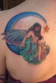 Flicka tillbaka färgad älva sitter på månen tatuering mönster