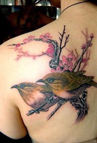 Yellow shoulder and peach tattoo on the back shoulder