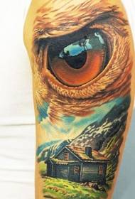 Arm color mountain house with eagle eye tattoo pattern