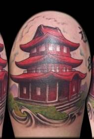 Red temple and Chinese character tattoo pattern