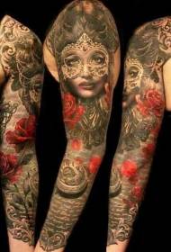 Rankos tradicinės kaukės moteriškas portretas laikrodis rožė tatuiruotė modelis