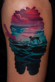 Big arm color dog silhouette with seaside landscape tattoo pattern