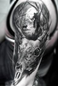 Niewiarygodna realistyczna czaszka jelenia w połączeniu z wzorem tatuażu myśliwego