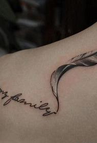 Feather and letter tattoo pattern on shoulder