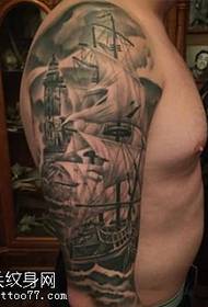 Shoulder realistic black gray sailboat tattoo pattern