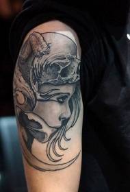 Big arm fantasy style girl face with skull helmet tattoo pattern