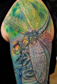 Big arm color realistic dragonfly tattoo pattern