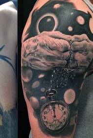 Zeer realistische gebroken klok en handen rozenkrans tattoo patroon