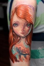 Goldfish and poor little girl portrait tattoo pattern