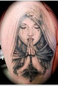 Crying female portrait and cross rosary tattoo pattern