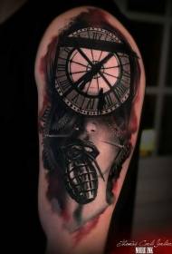 Surrealist woman portrait combined with clock and grenade tattoo pattern