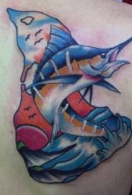 Back painted marine big fish tattoo pattern