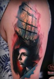 Retro stil farverigt kvindelig portræt med sejlbåd tatoveringsmønster