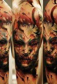 Big arm color horror style mysterious face tattoo pattern