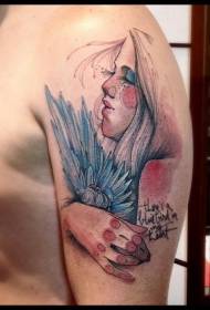 Μεγάλο χέρι ζωγραφισμένο πορτρέτο γυναίκας με μοτίβο τατουάζ λουλουδιών