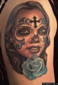 Arm mexican style colorful female portrait and cross flower tattoo pattern