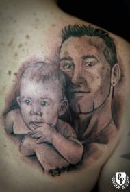 Back father and son realistic portrait tattoo pattern