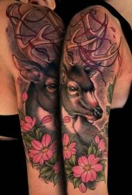 Arm color beautiful deer and flower tattoo pattern