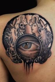 Back colored skull and girl realistic eye tattoo pattern