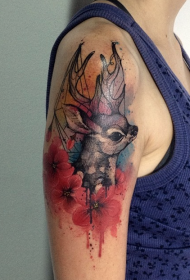 Arm modern traditional style colored fawn with flowers tattoo pattern
