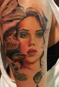 Female big arm female portrait is surrounded by snake tattoo tattoo