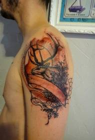 Big arm color engraving style deer with plant and ribbon tattoo pattern